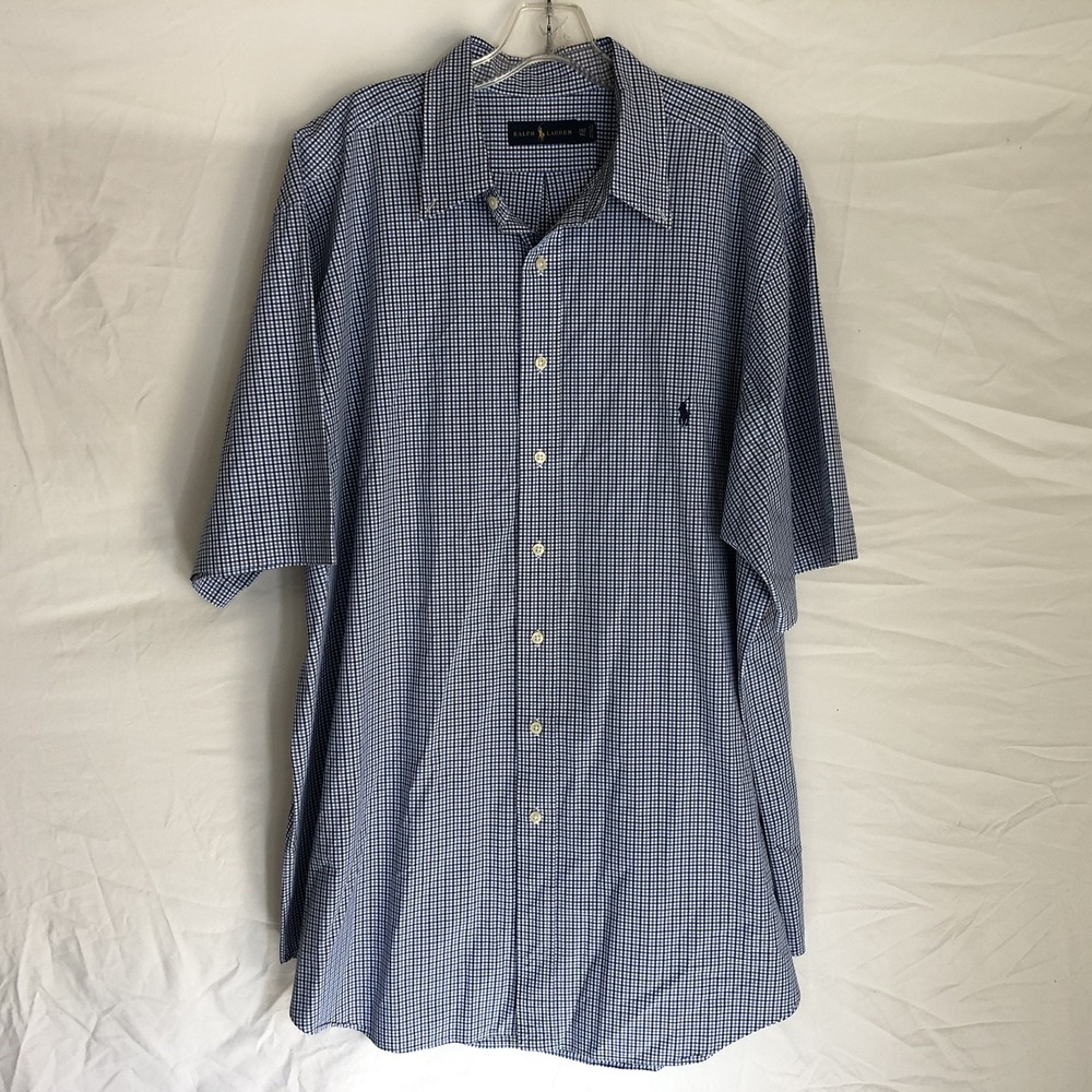 Ralph Lauren Shirt Mens 2XLT Blue Check 100% Cotton Short Sleeve Button Front